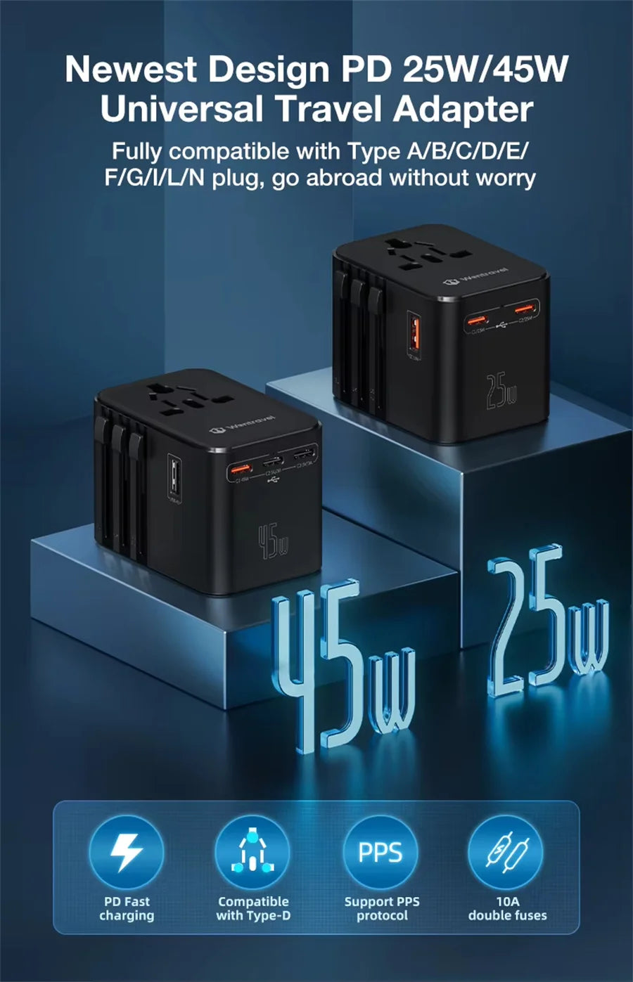 Universal Travel Adapter with 4 AC Outlets Max 2500W 1 USB Port 2 Type-C PD 25W Ports All-in-One Fast Charging EU UK US AUS Plug