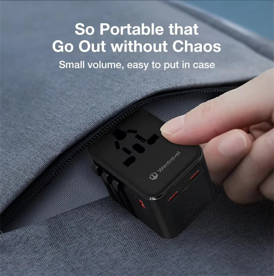 Universal Travel Adapter with 4 AC Outlets Max 2500W 1 USB Port 2 Type-C PD 25W Ports All-in-One Fast Charging EU UK US AUS Plug