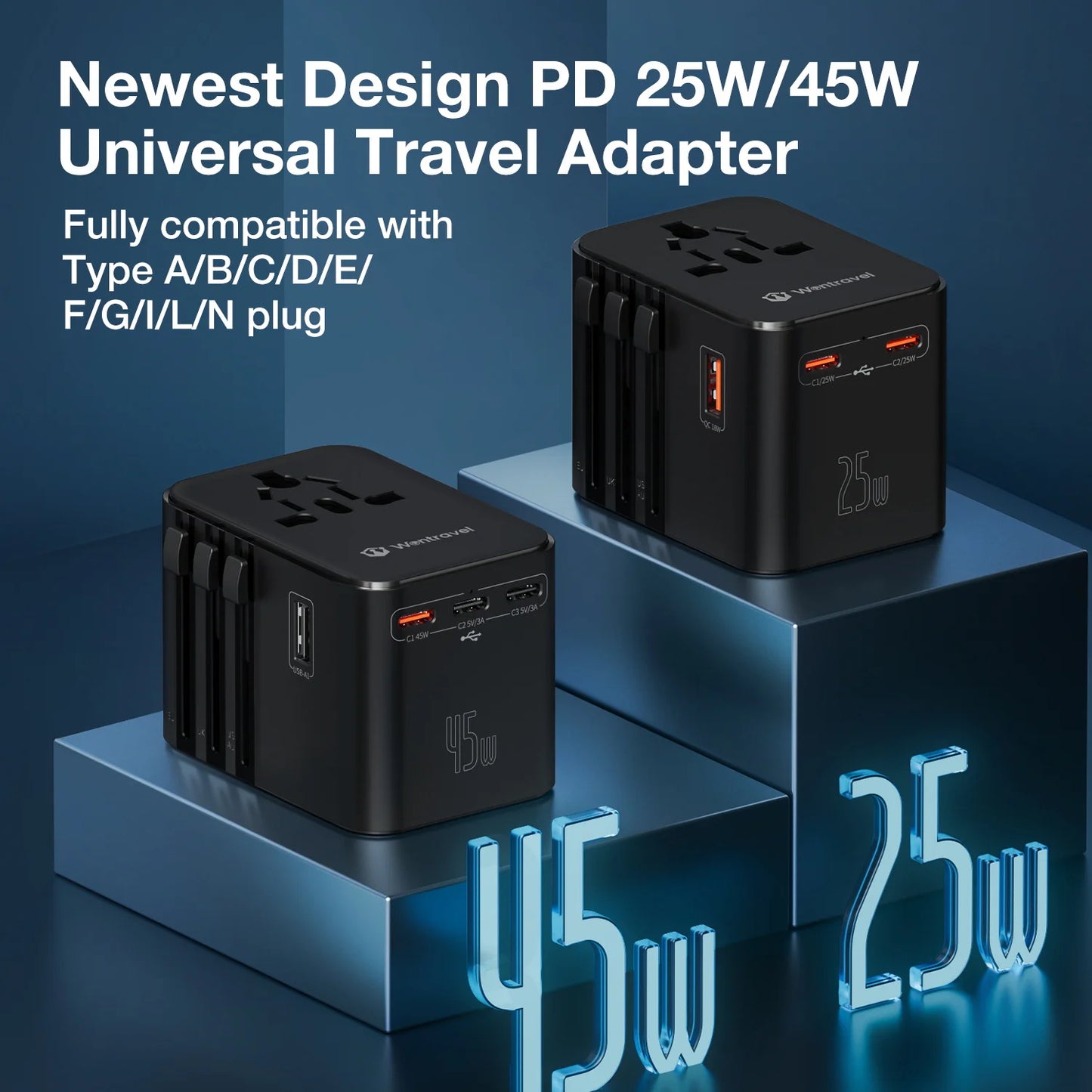Universal Travel Adapter with 4 AC Outlets Max 2500W 1 USB Port 2 Type-C PD 25W Ports All-in-One Fast Charging EU UK US AUS Plug