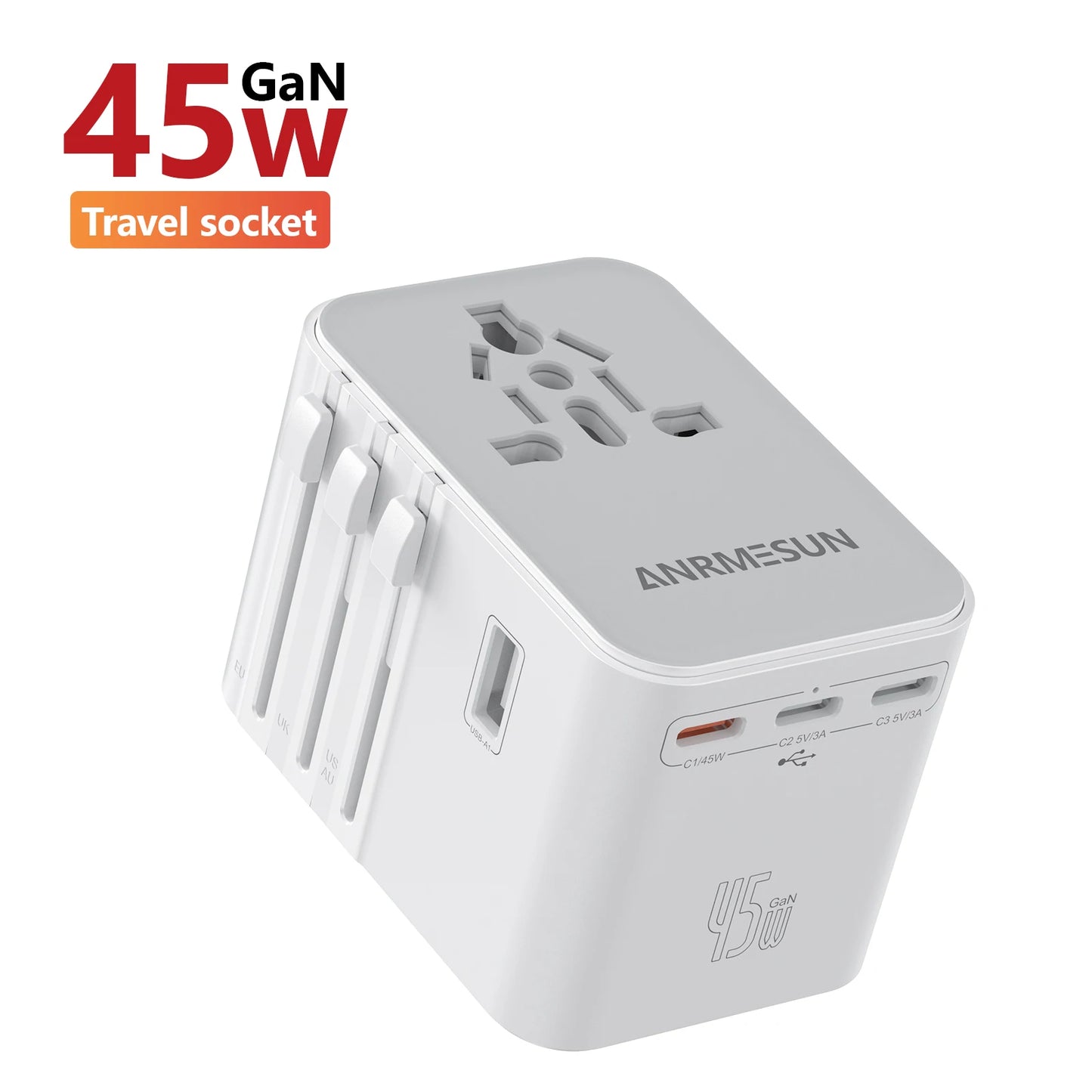 Universal Travel Adapter with 4 AC Outlets Max 2500W 1 USB Port 2 Type-C PD 25W Ports All-in-One Fast Charging EU UK US AUS Plug