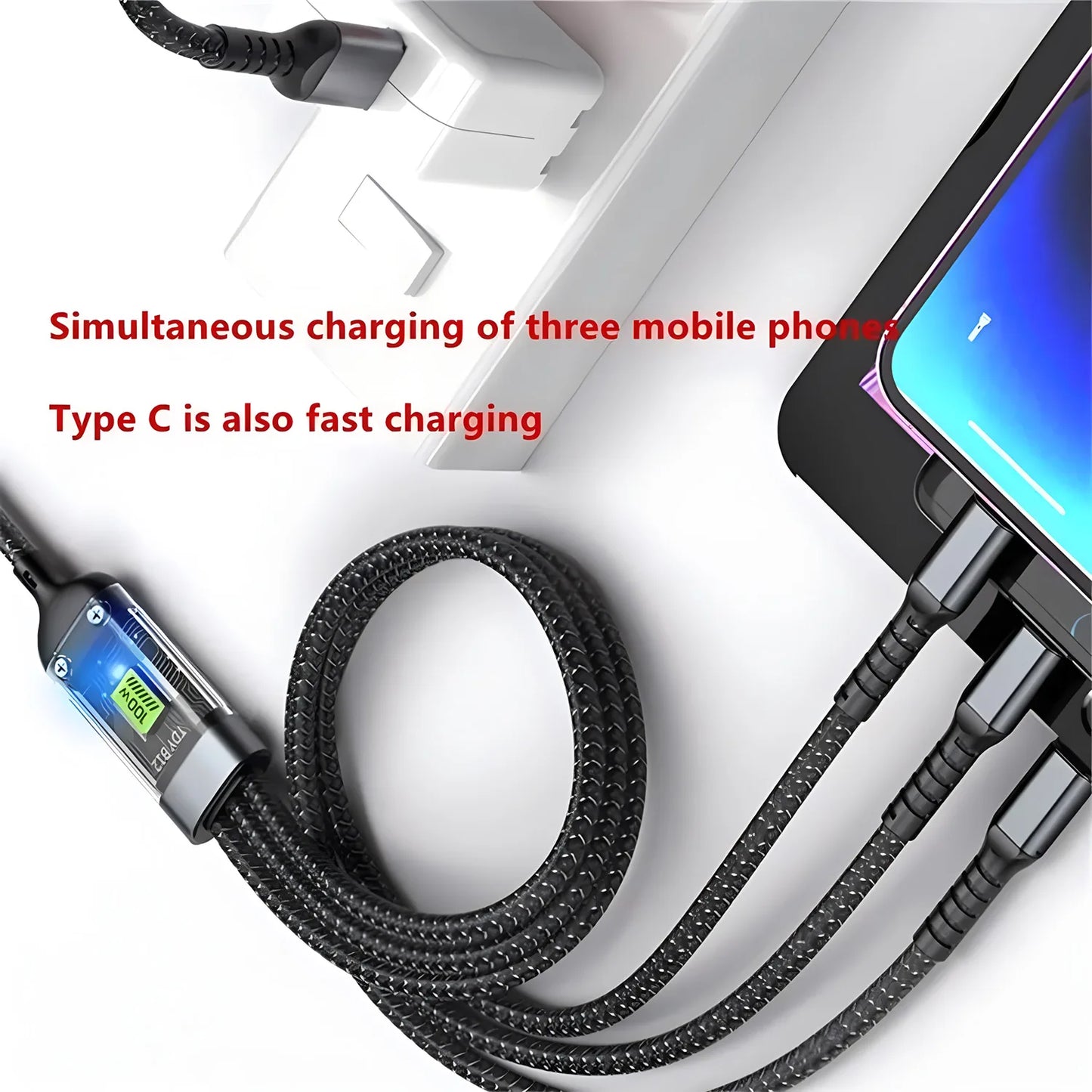 3 In 1 100W Transparent Pilot Lamp Super Fast Charging Cable Universal with Type C Usb Micro for Iphone Samsung Huawei Xiaomi 6A