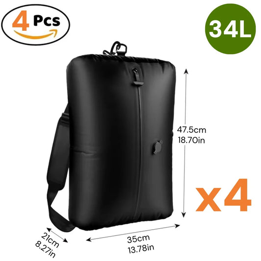 Set of 4 black 34L waterproof dry bags with strap, showing dimensions in cm and inches.