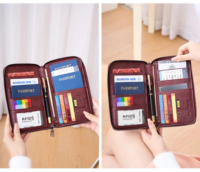 New Travel Passport Clip Wallet Women and Men Multifunctional PU Leather Card Holde RFID Anti Theft Swiping Wallets Storage Bag