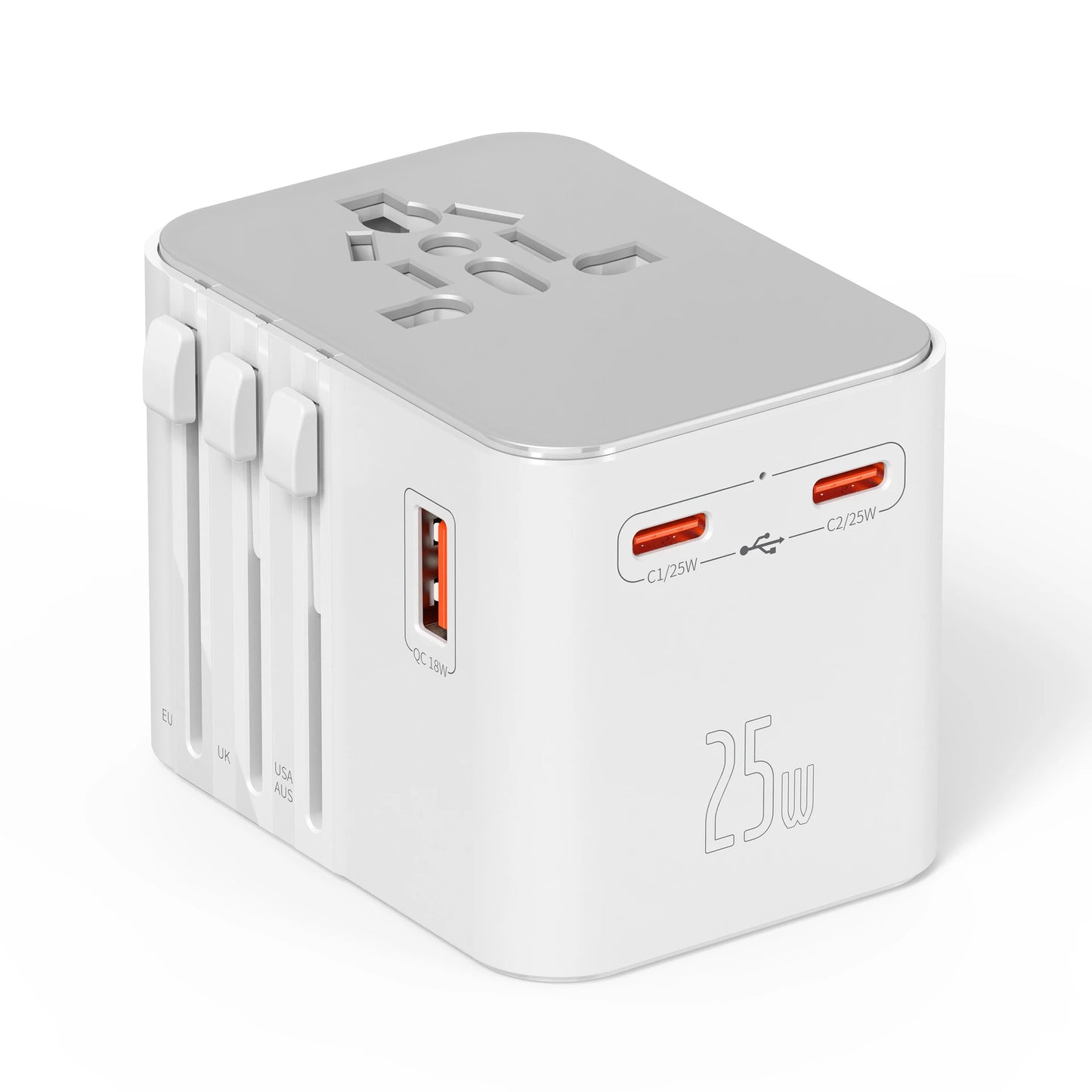 Universal Travel Adapter with 4 AC Outlets Max 2500W 1 USB Port 2 Type-C PD 25W Ports All-in-One Fast Charging EU UK US AUS Plug