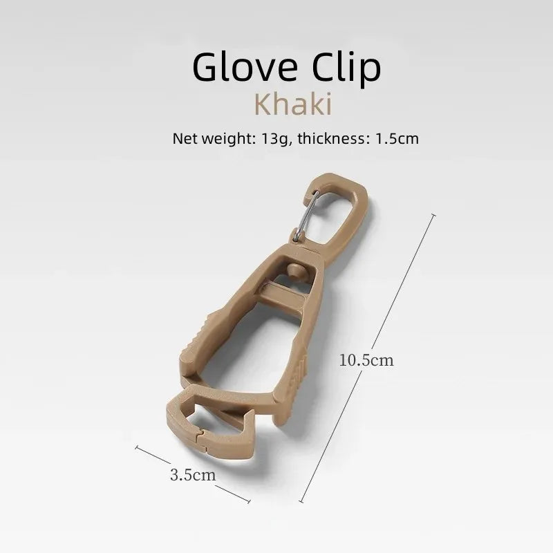Outdoor glove clip holder for travel and camping.
