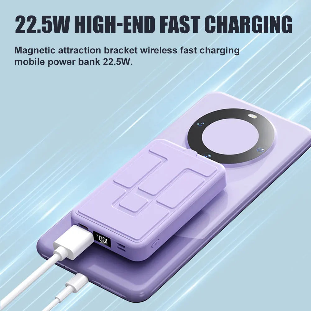 10000mAh 15W Magnetic Power Bank with Folding Stand Portable Wireless Charger Lightweight Spare Battery for Outdoor Travel Camp