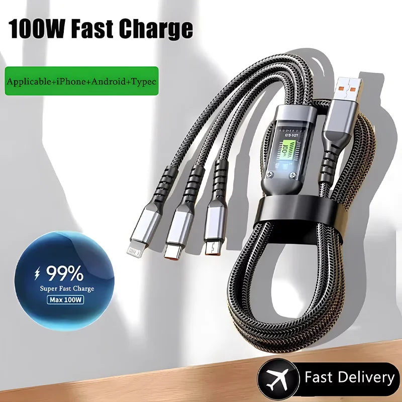 3 In 1 100W Transparent Pilot Lamp Super Fast Charging Cable Universal with Type C Usb Micro for Iphone Samsung Huawei Xiaomi 6A