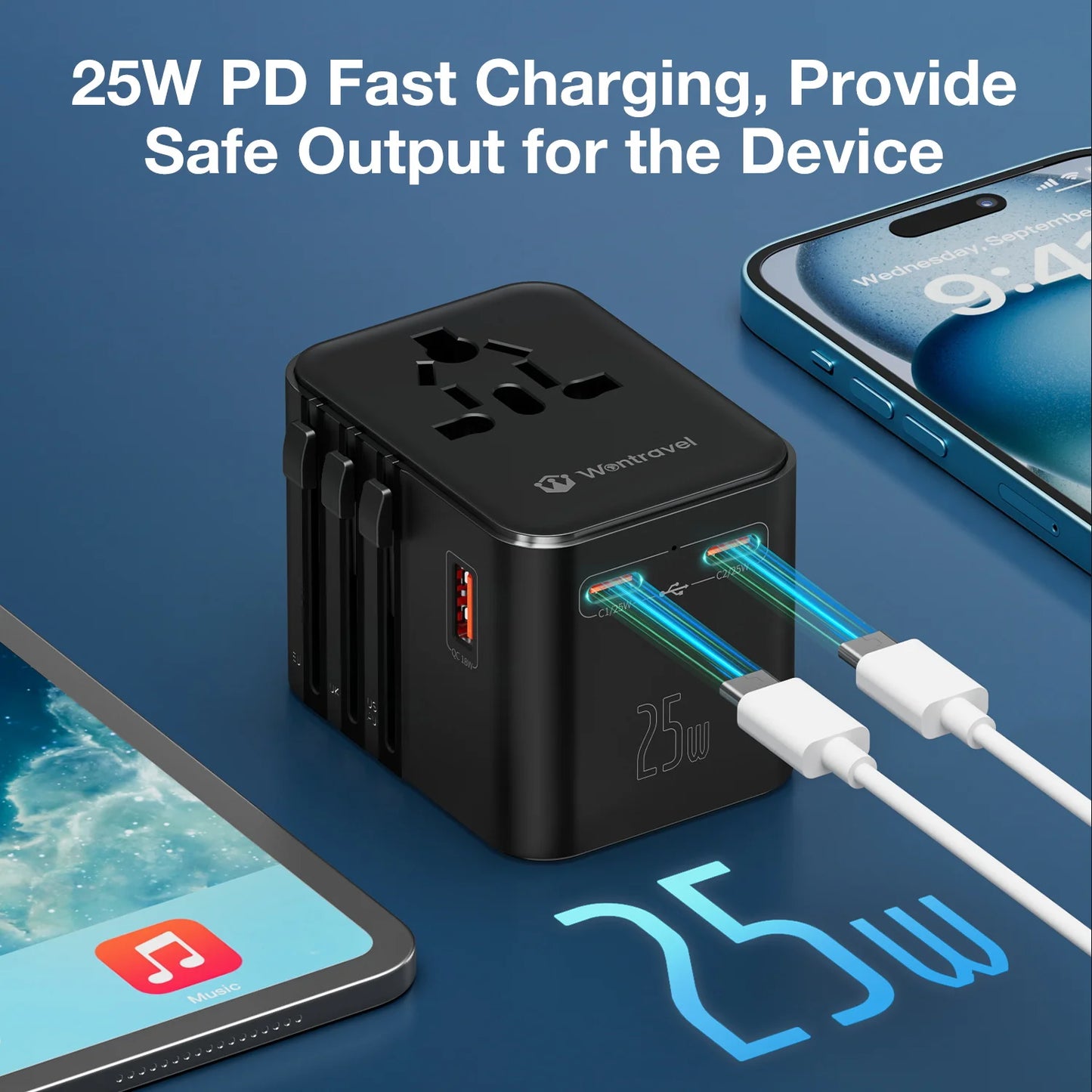 Universal Travel Adapter with 4 AC Outlets Max 2500W 1 USB Port 2 Type-C PD 25W Ports All-in-One Fast Charging EU UK US AUS Plug