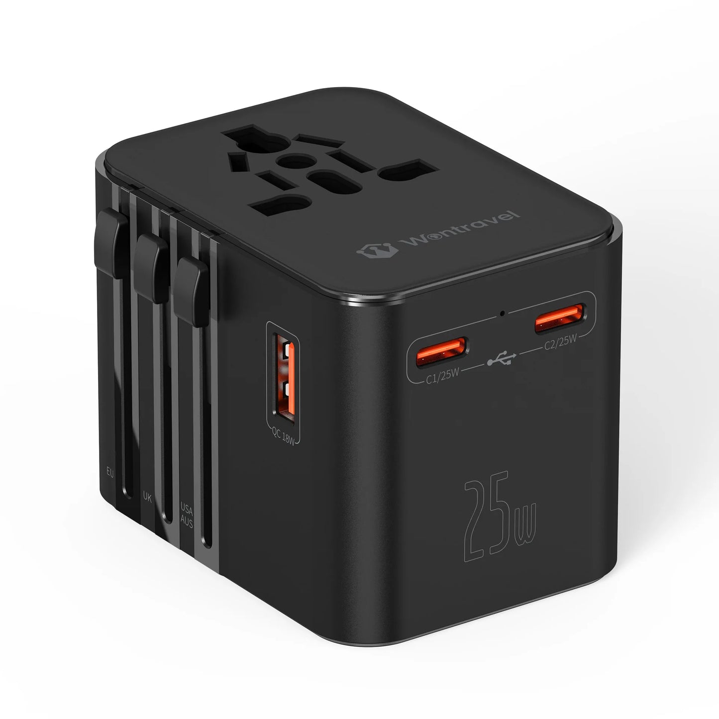 Universal Travel Adapter with 4 AC Outlets Max 2500W 1 USB Port 2 Type-C PD 25W Ports All-in-One Fast Charging EU UK US AUS Plug