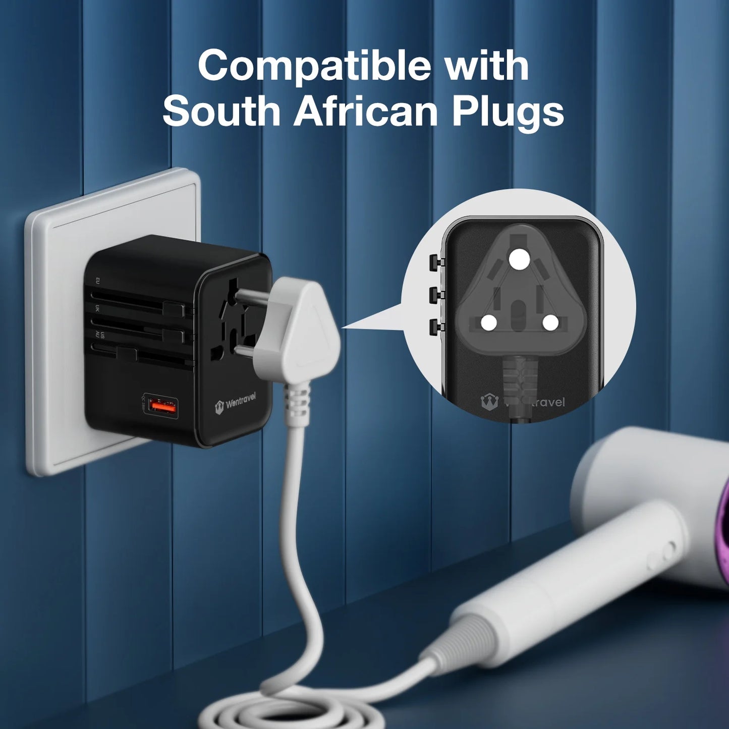 Universal Travel Adapter with 4 AC Outlets Max 2500W 1 USB Port 2 Type-C PD 25W Ports All-in-One Fast Charging EU UK US AUS Plug
