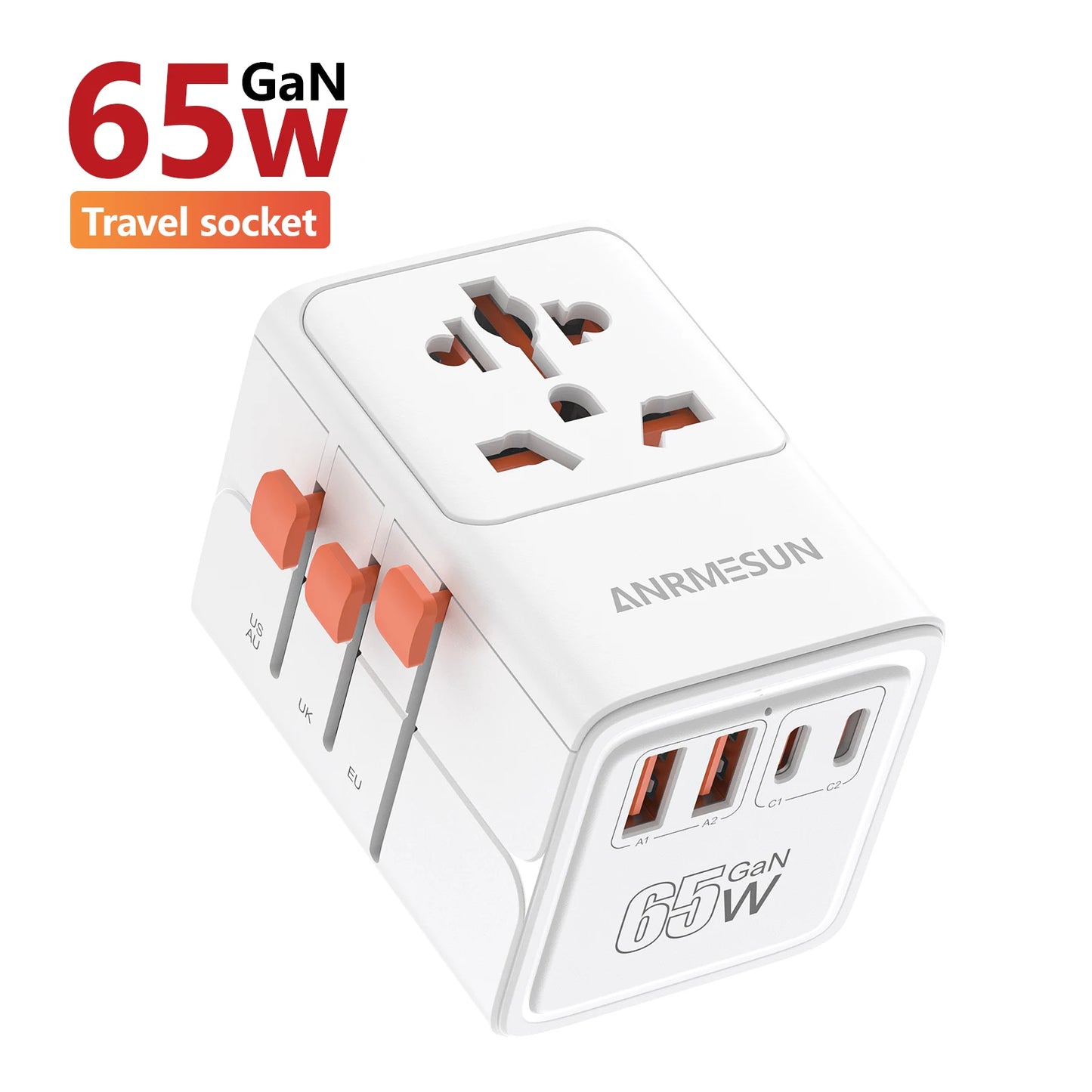 Universal Travel Adapter with 4 AC Outlets Max 2500W 1 USB Port 2 Type-C PD 25W Ports All-in-One Fast Charging EU UK US AUS Plug