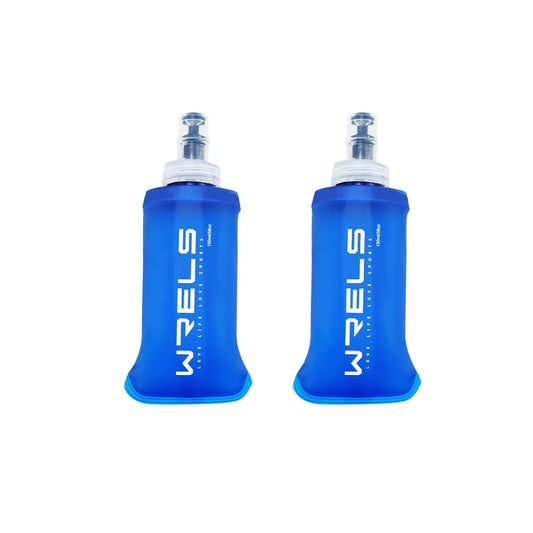 Two blue WRELS soft water bottles with sports lids on white background