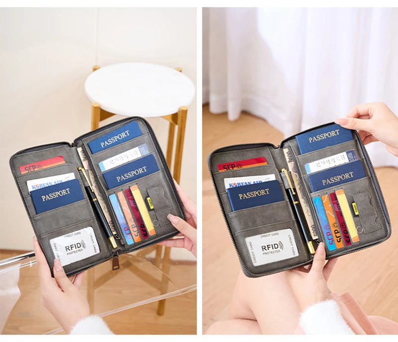 New Travel Passport Clip Wallet Women and Men Multifunctional PU Leather Card Holde RFID Anti Theft Swiping Wallets Storage Bag