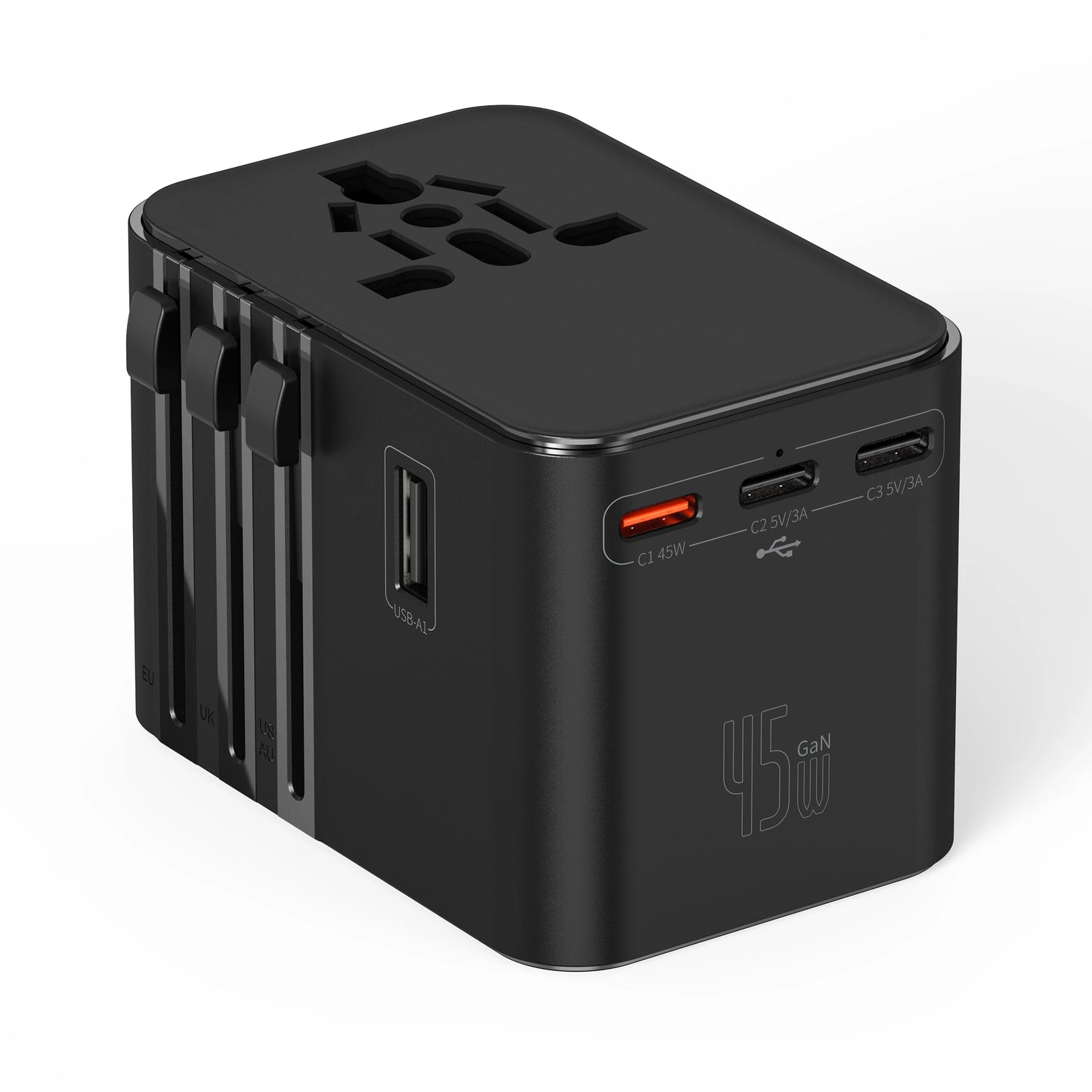 Universal Travel Adapter with 4 AC Outlets Max 2500W 1 USB Port 2 Type-C PD 25W Ports All-in-One Fast Charging EU UK US AUS Plug
