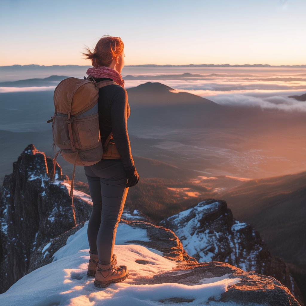 Lone hiker with backpack standing on snowy mountain summit at sunrise, scenic landscape view