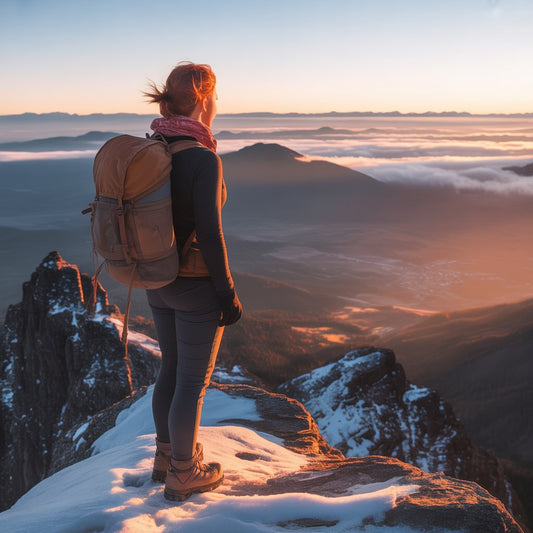 Lone hiker with backpack standing on snowy mountain summit at sunrise, scenic landscape view