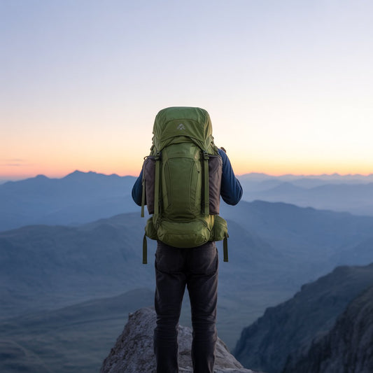 Hiker with green backpack standing on mountain peak at sunrise, overlooking scenic valleys
