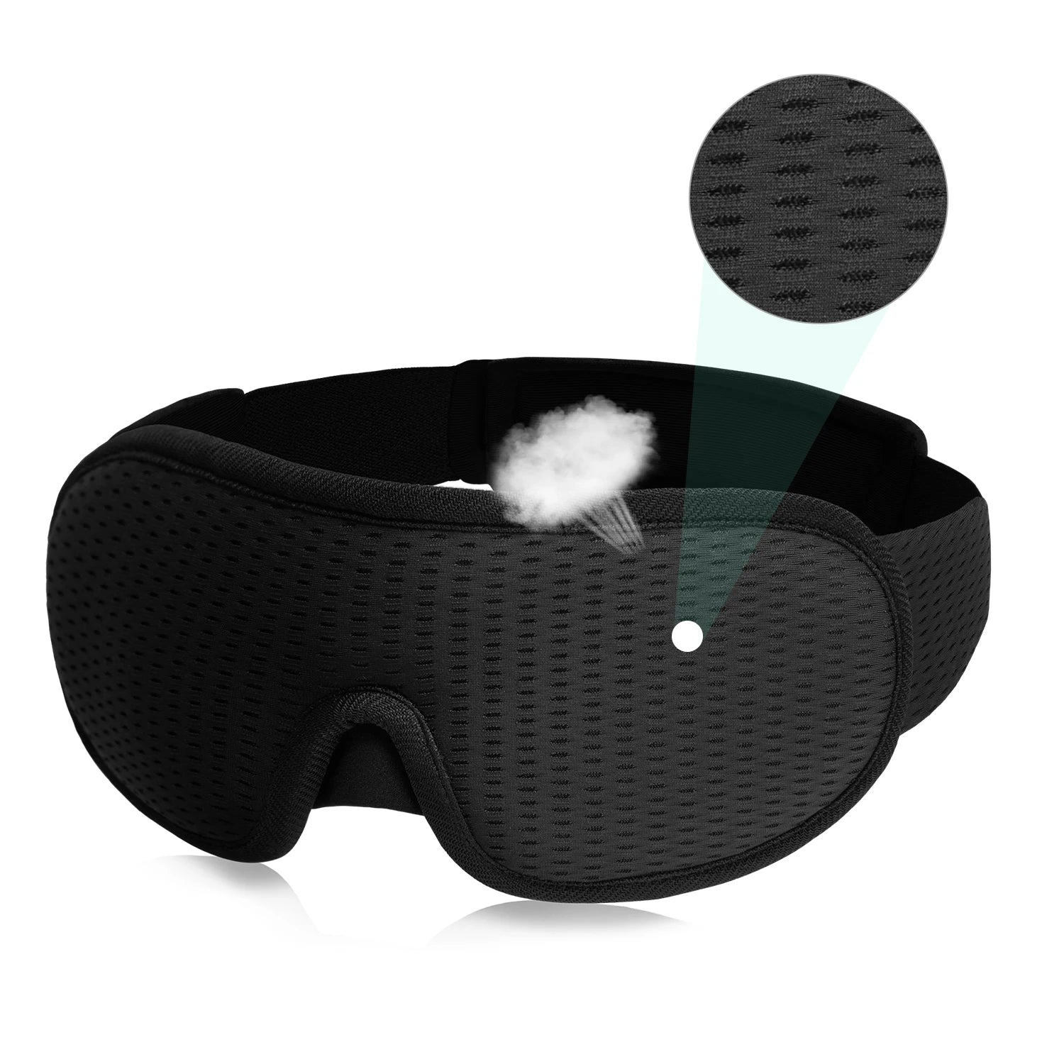 Black breathable sleep mask with soft padded eye cover and detailed fabric texture close-up