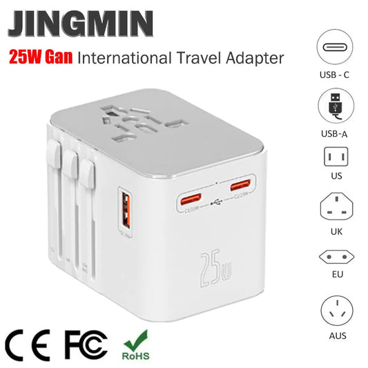 Universal Travel Adapter with 4 AC Outlets Max 2500W 1 USB Port 2 Type-C PD 25W Ports All-in-One Fast Charging EU UK US AUS Plug