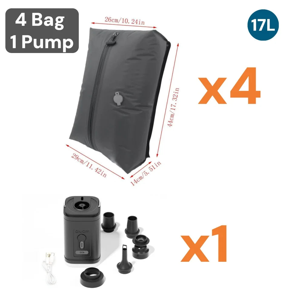 Vacuum storage bags set with dimensions, 4 bags and 1 electric pump, 17L capacity.