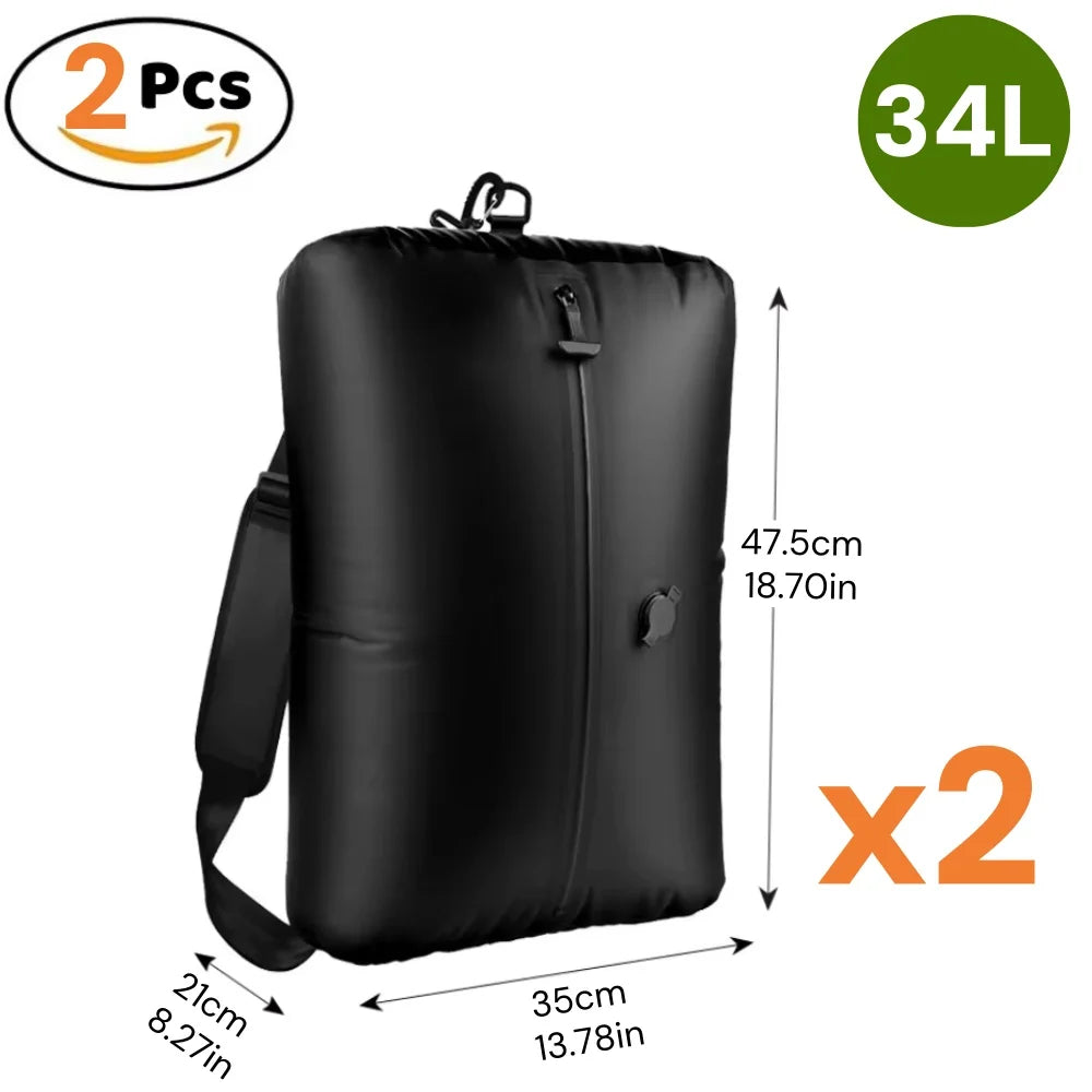 Set of 2 black 34L waterproof backpacks with dimensions, outdoor gear.