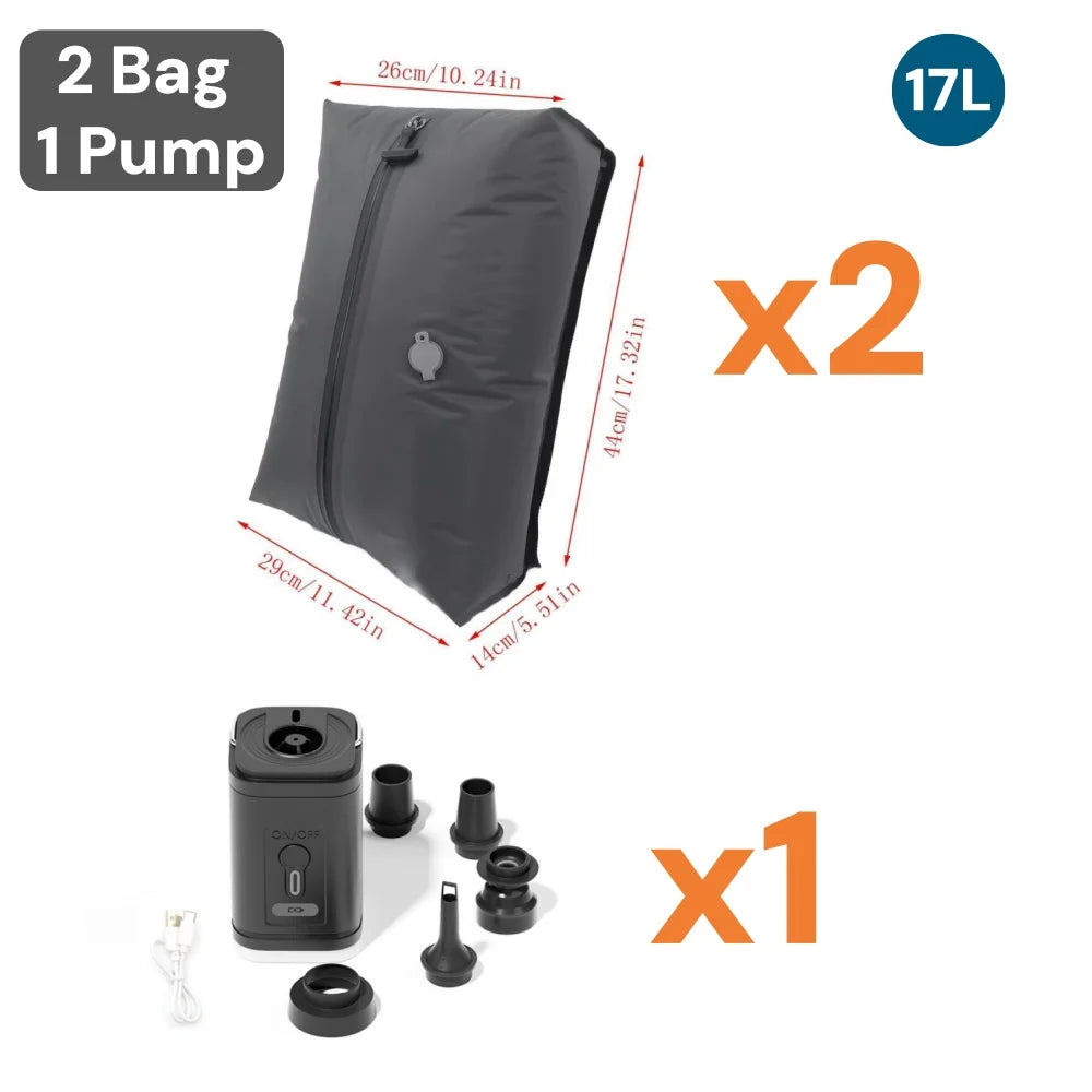2 vacuum storage bags 17L with electric pump and nozzle attachments, labeled set.