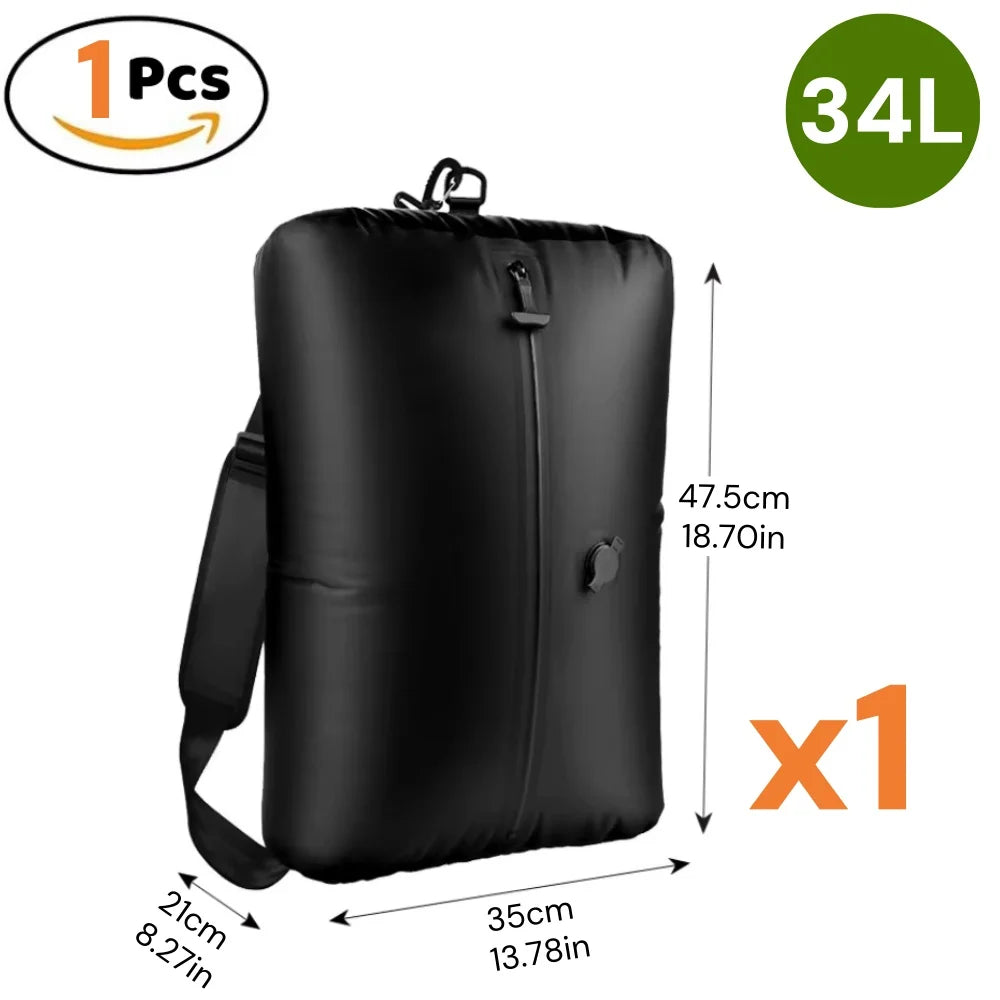 34L black waterproof dry bag with strap, dimensions shown, 1 piece pack