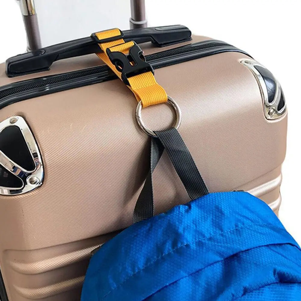 Portable travel luggage strap for securing bags and jackets to suitcases.
