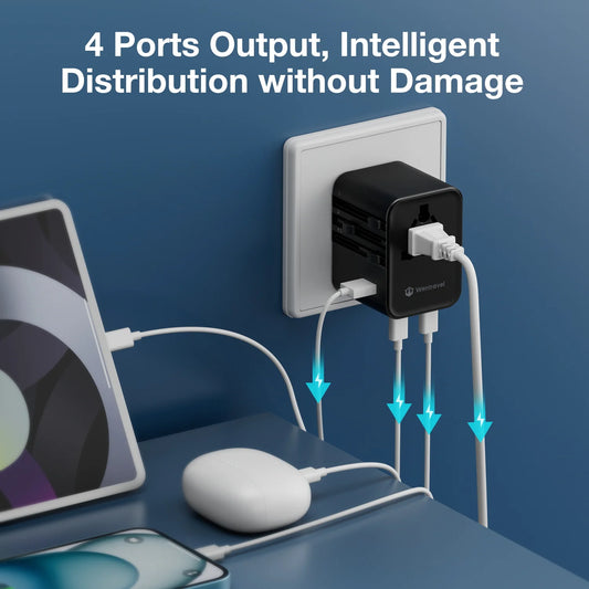 Universal Travel Adapter with 4 AC Outlets Max 2500W 1 USB Port 2 Type-C PD 25W Ports All-in-One Fast Charging EU UK US AUS Plug