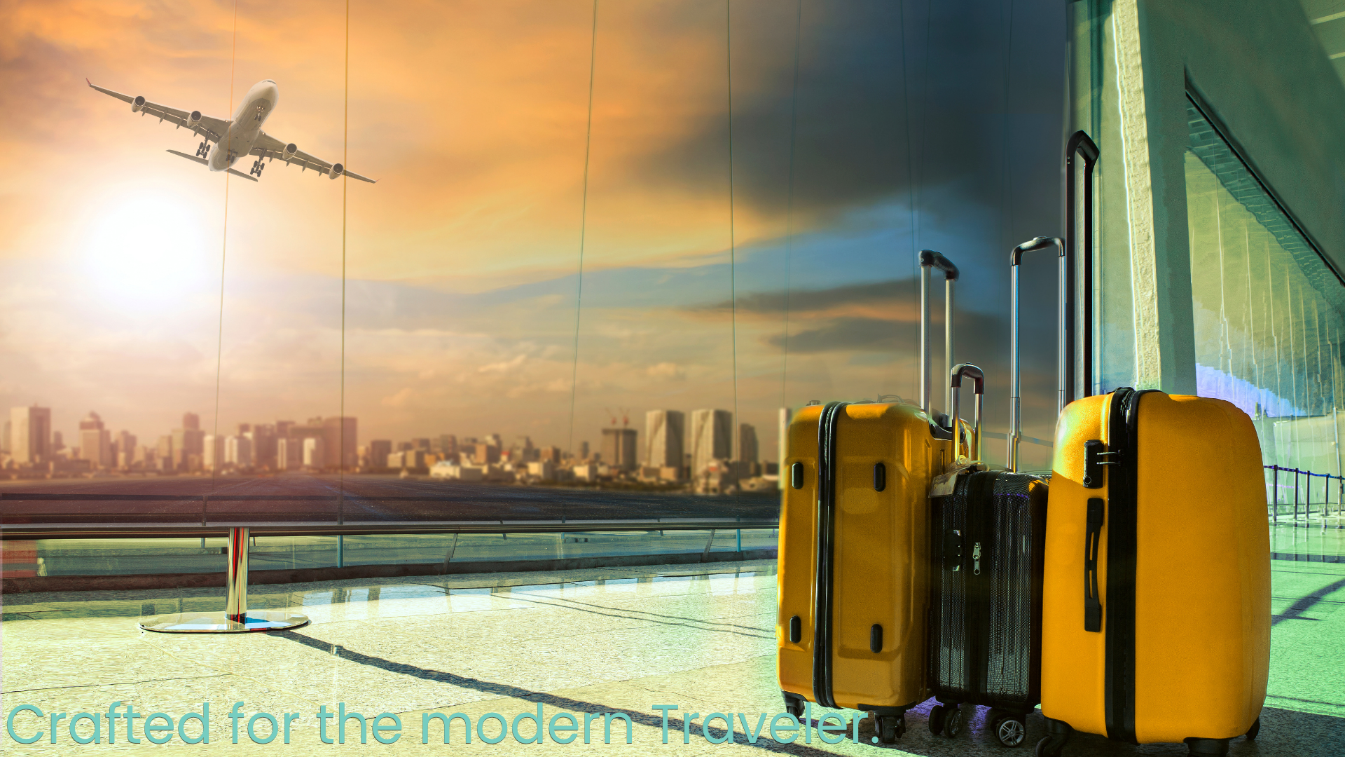 Yellow suitcases on a tarmac with an airplane and city skyline in the background.